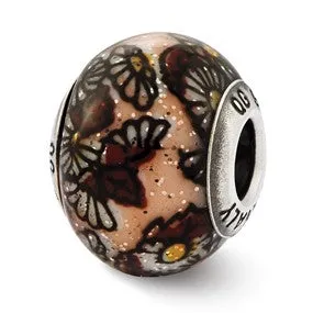 Italian Brown Floral Decorative Overlay Glass B Charm in Sterling Silver