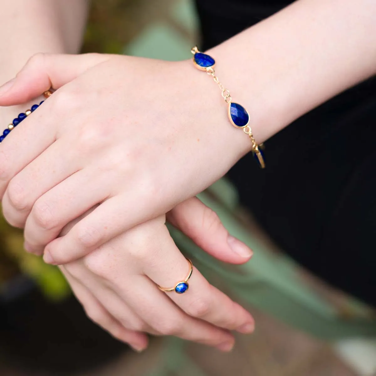 Lapis Gem Stone Ring Size 18 In Gold-Tone