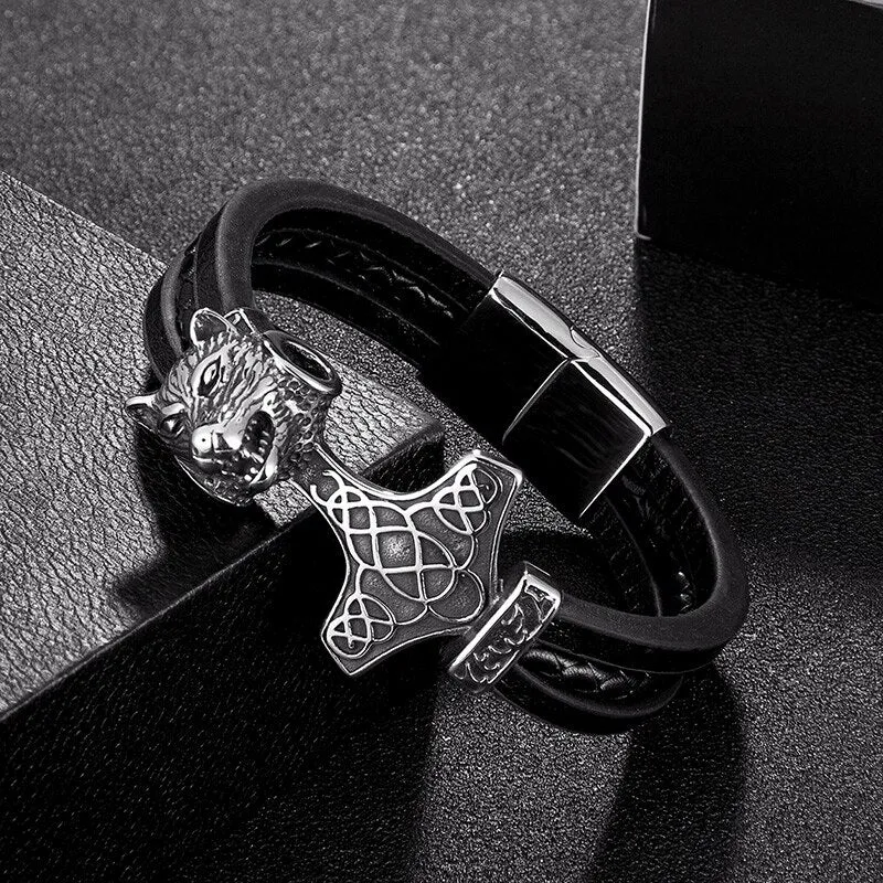 Men Stainless Steel Viking Bracelet Wolf Vintage Jewelry Retro Punk Rock Style Motorcycle Accessories