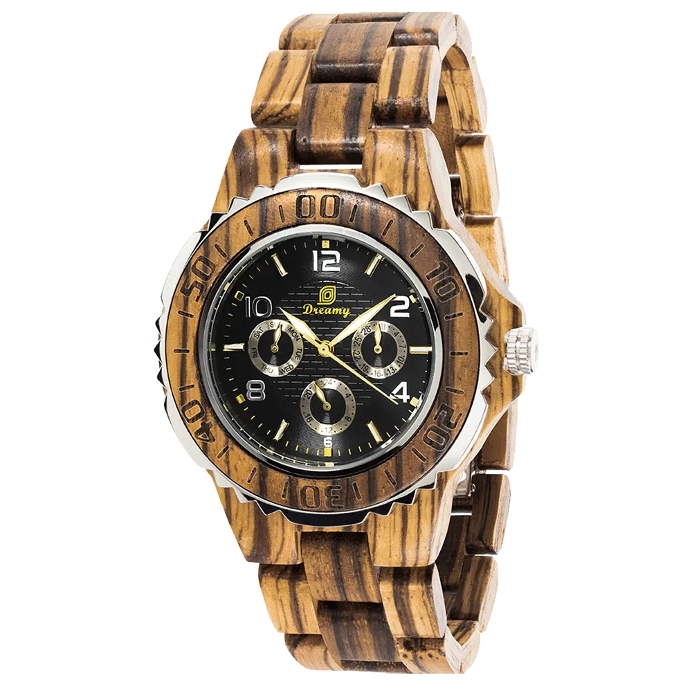 Mens Six Hands Multifunction Display Zebra Wood Watch Zebra Wood