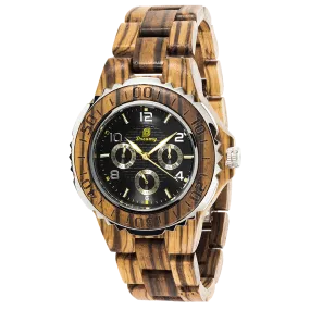 Mens Six Hands Multifunction Display Zebra Wood Watch Zebra Wood
