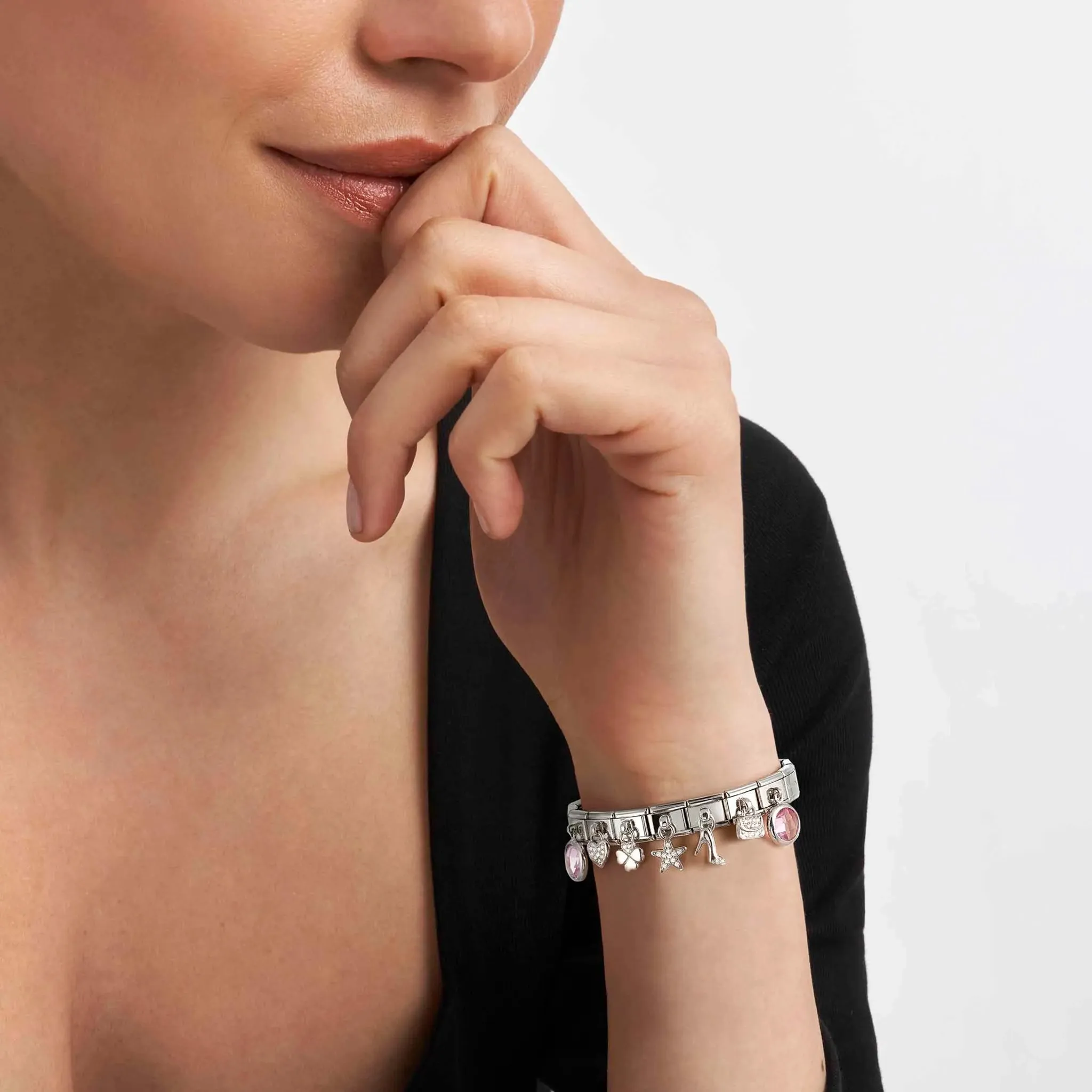 Moon & Star Glitter Pendant Link | Silver