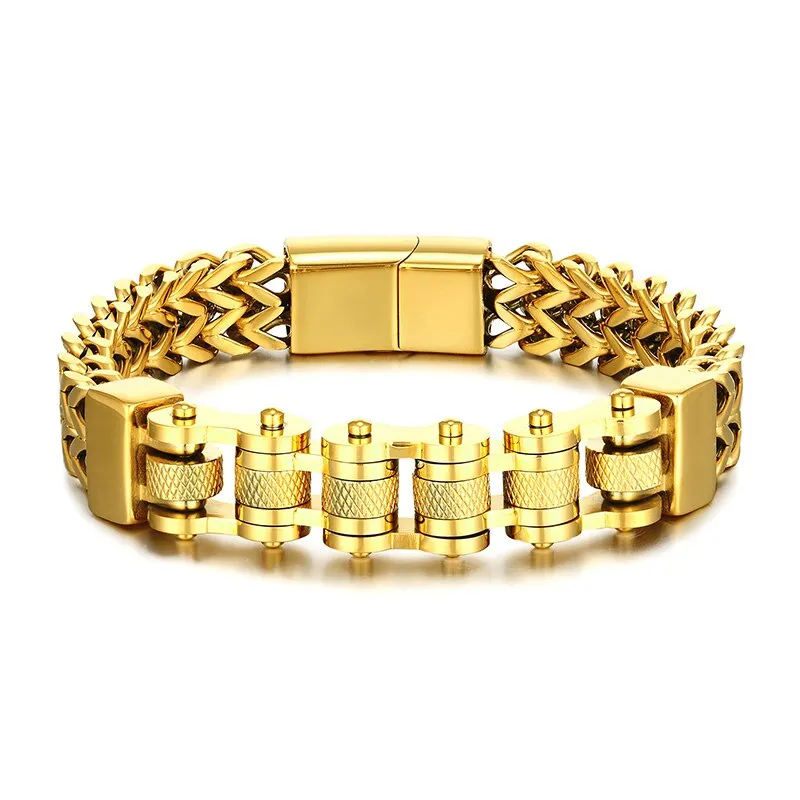 Motorcycle Men Bracelets 12MM Stainless Steel Gold Jewelry Wide Hand Chain