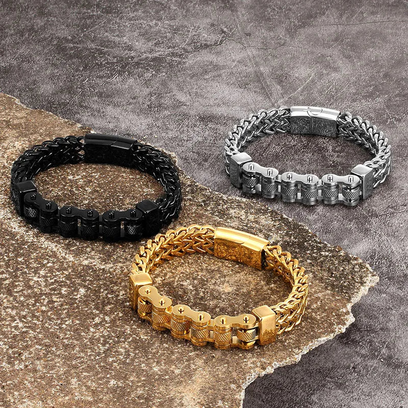 Motorcycle Men Bracelets 12MM Stainless Steel Gold Jewelry Wide Hand Chain