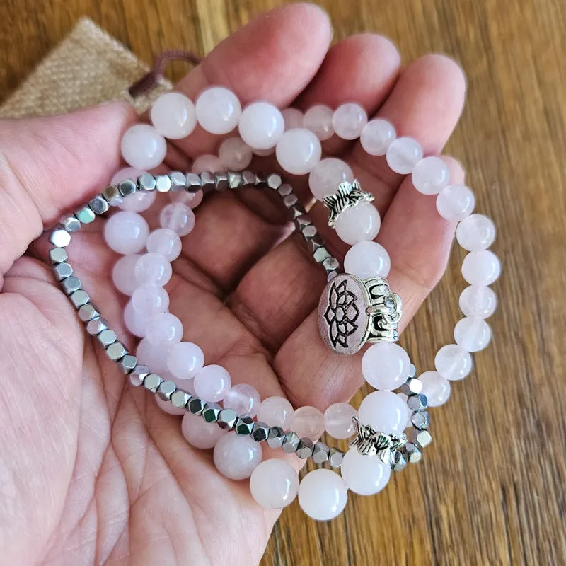 Natural Stone Lotus Triple Stack Bracelet - Rose Quartz