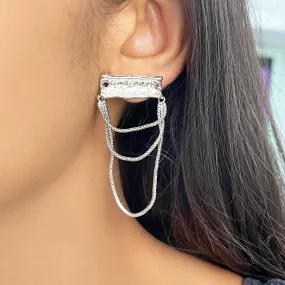 OVERSIZED TEXTURED SILVER-TONED BAR & TASSEL DROP EARRINGS