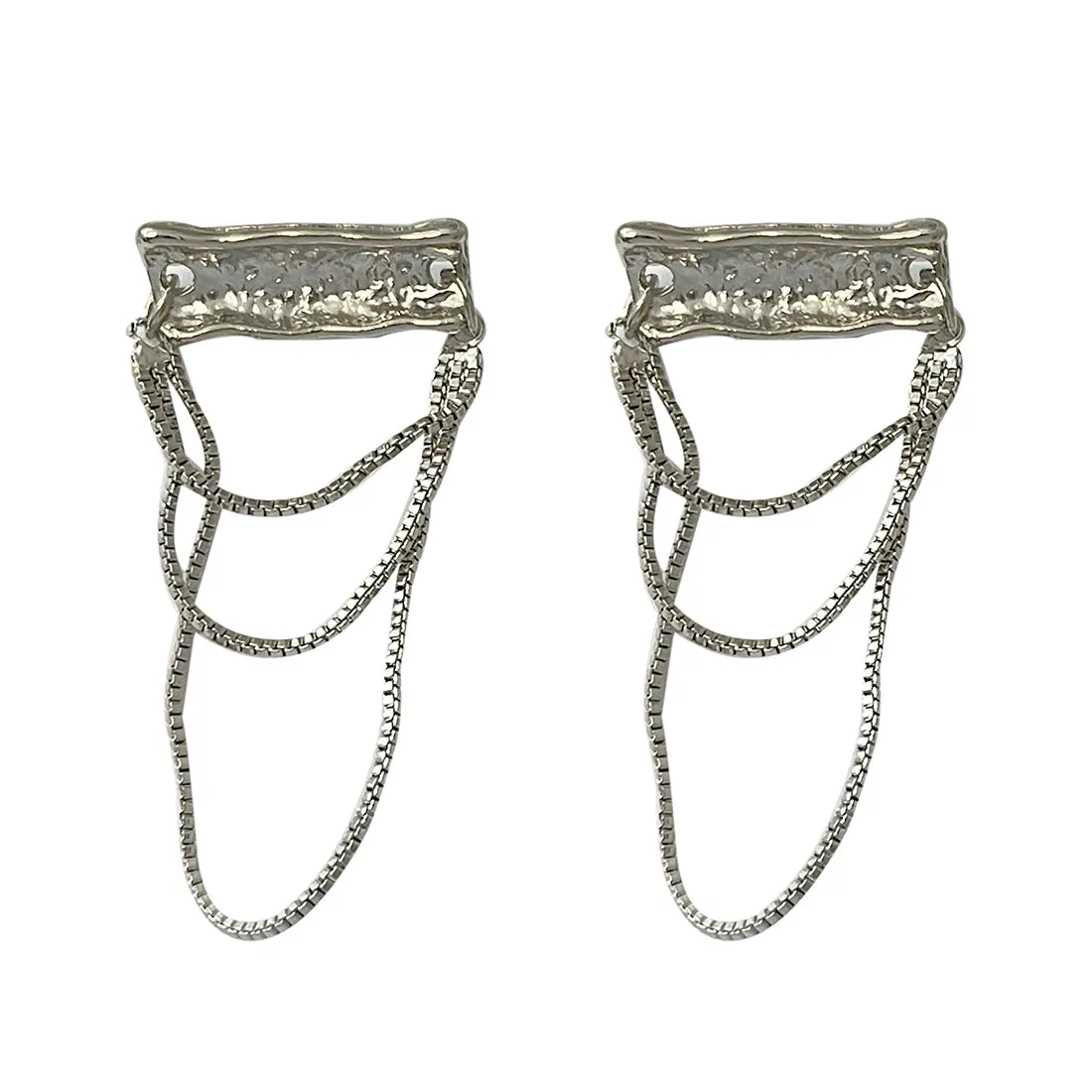 OVERSIZED TEXTURED SILVER-TONED BAR & TASSEL DROP EARRINGS