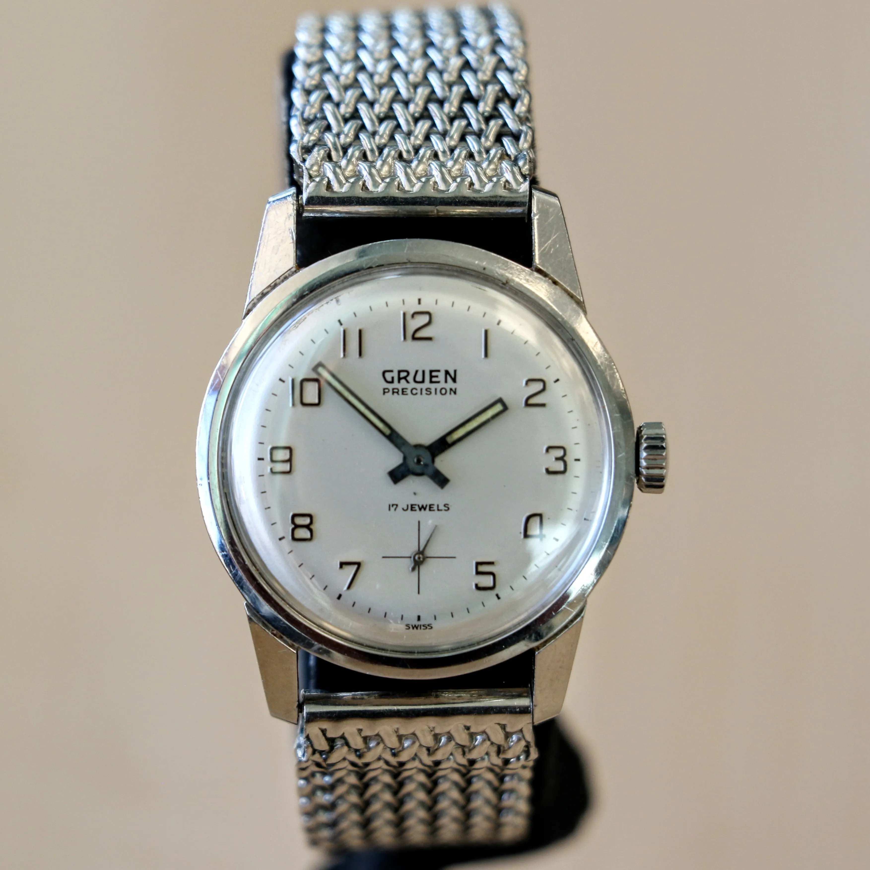 RARE 1960's GRUEN Precision 17 Jewels Cal. N510R Swiss Wristwatch - ALL S.S. & Tradition Mesh Bracelet