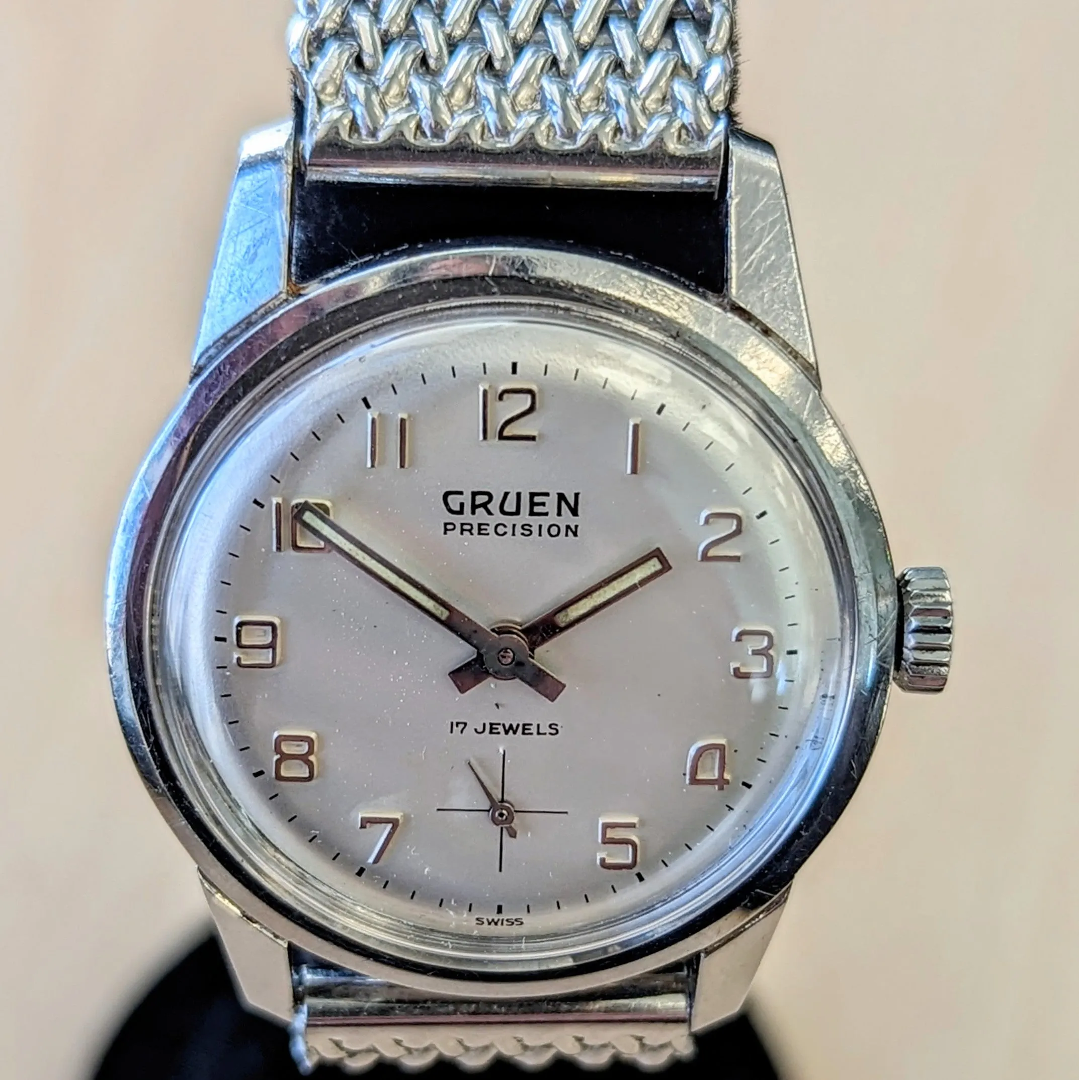 RARE 1960's GRUEN Precision 17 Jewels Cal. N510R Swiss Wristwatch - ALL S.S. & Tradition Mesh Bracelet