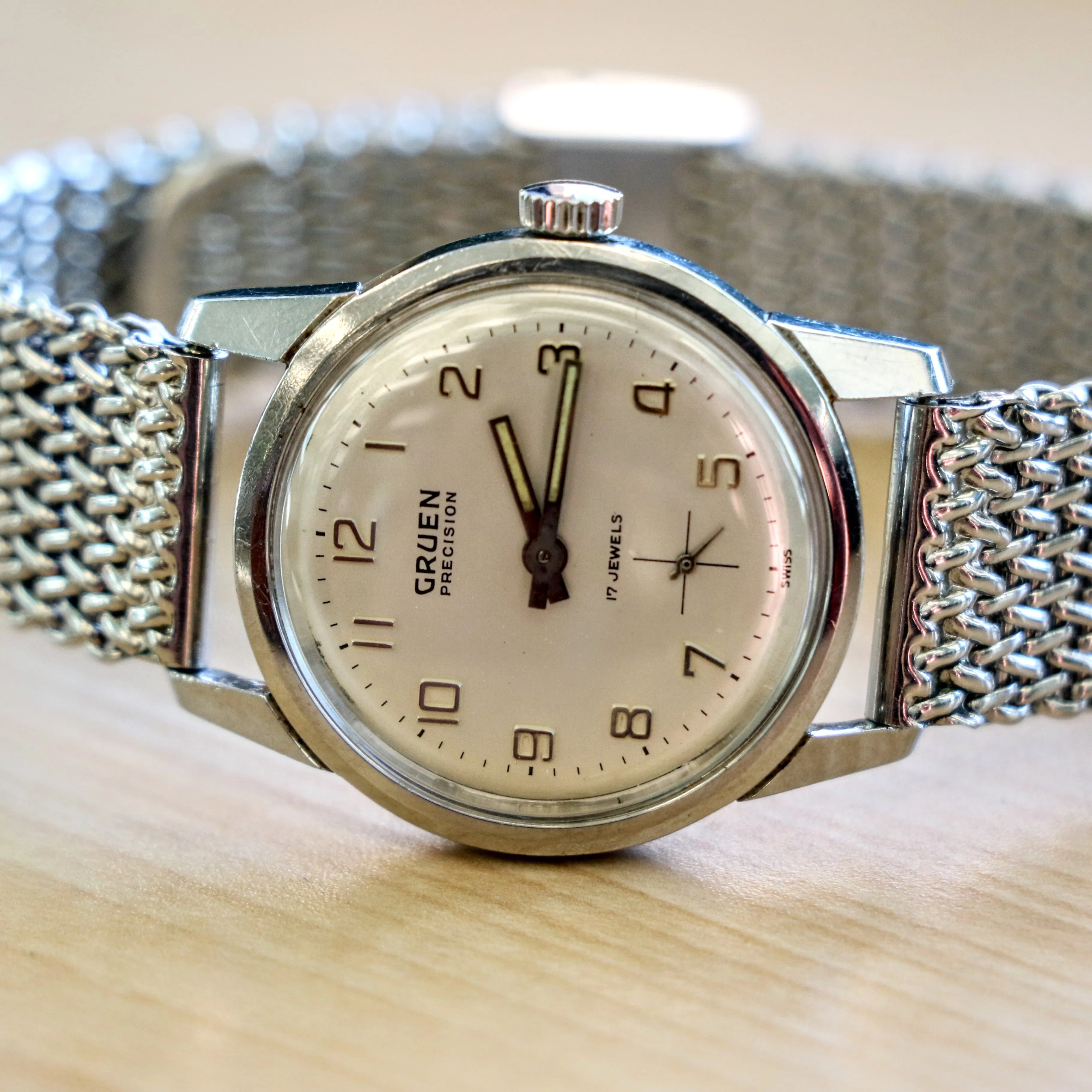 RARE 1960's GRUEN Precision 17 Jewels Cal. N510R Swiss Wristwatch - ALL S.S. & Tradition Mesh Bracelet