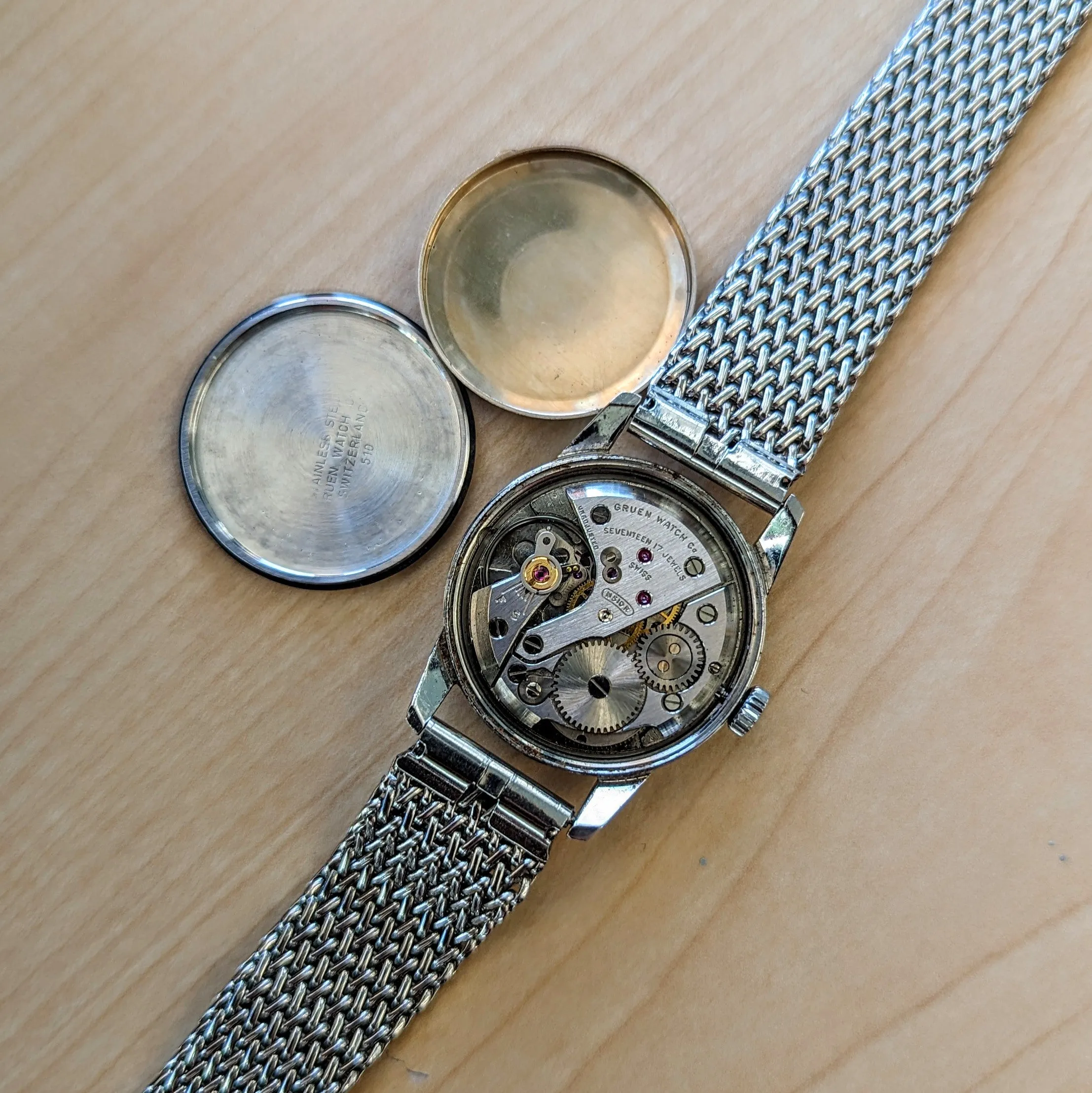 RARE 1960's GRUEN Precision 17 Jewels Cal. N510R Swiss Wristwatch - ALL S.S. & Tradition Mesh Bracelet