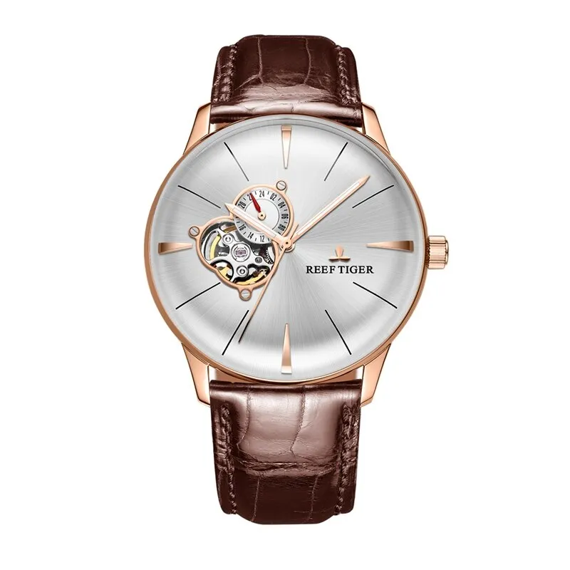 Reef Tiger/ Mens Dress Watch Top Brand Luxury Automatic Watch Genuine Leather Strap Rose Gold Analog Watches RGA8239