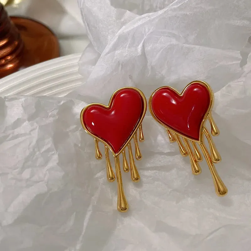 Retro Melting Heart Red Statement Earrings
