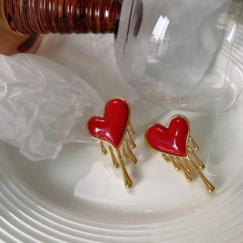 Retro Melting Heart Red Statement Earrings