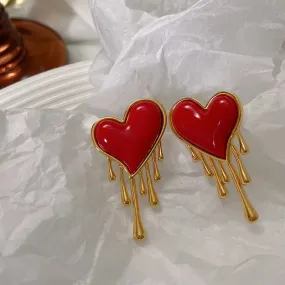 Retro Melting Heart Red Statement Earrings