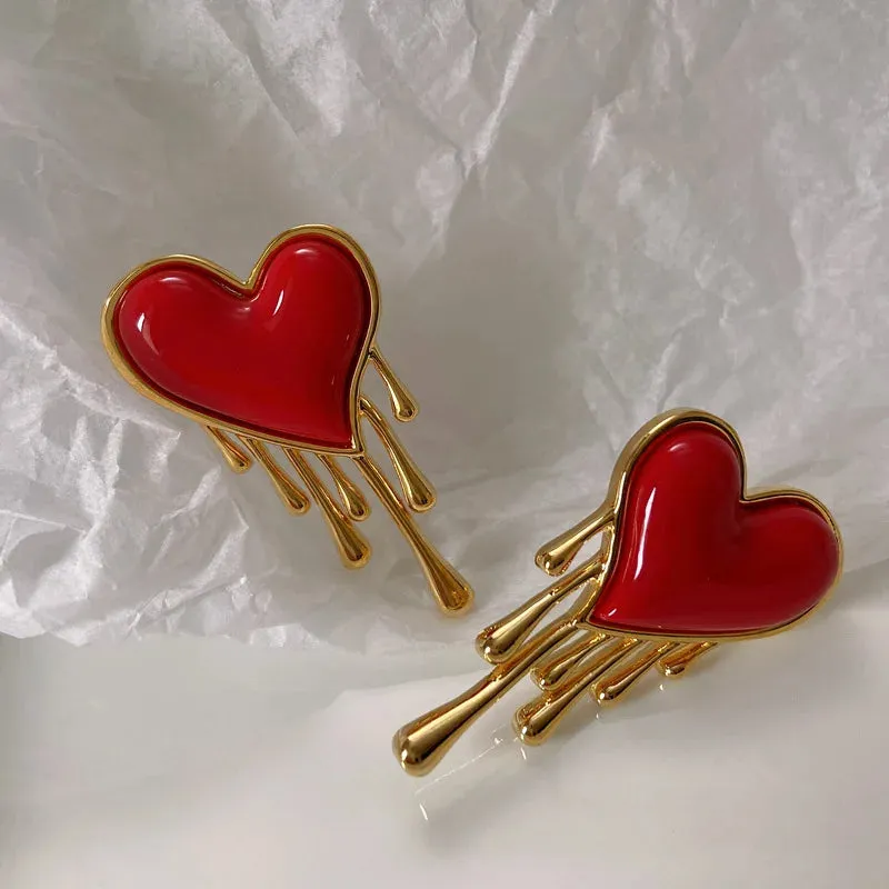 Retro Melting Heart Red Statement Earrings