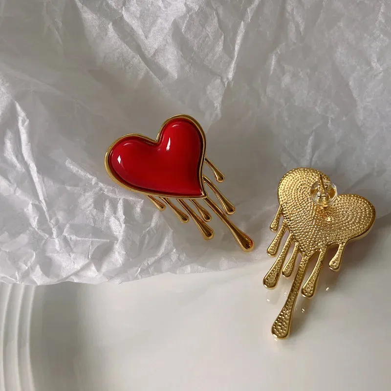 Retro Melting Heart Red Statement Earrings