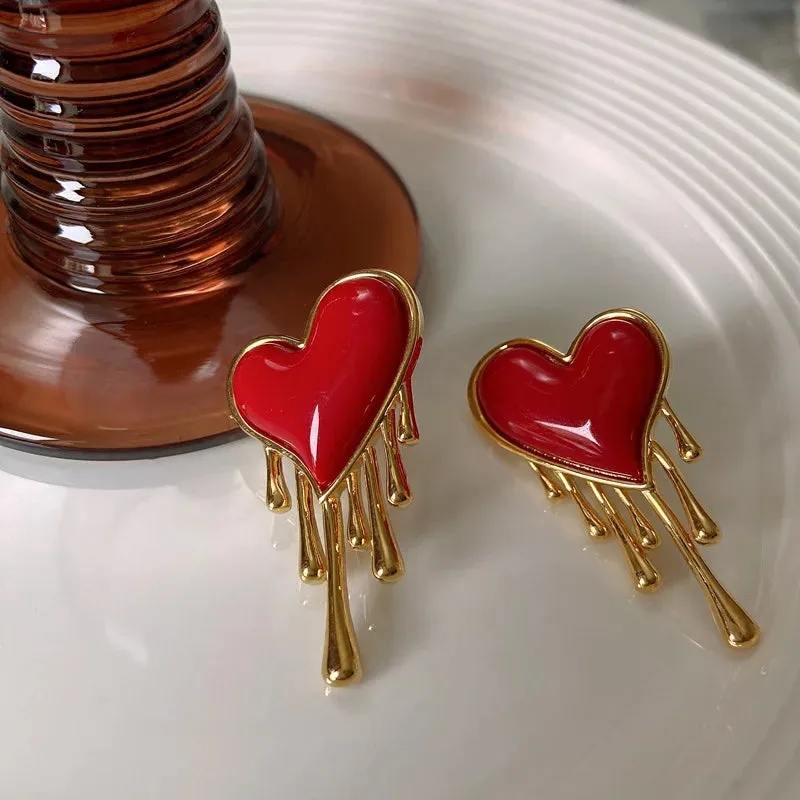 Retro Melting Heart Red Statement Earrings