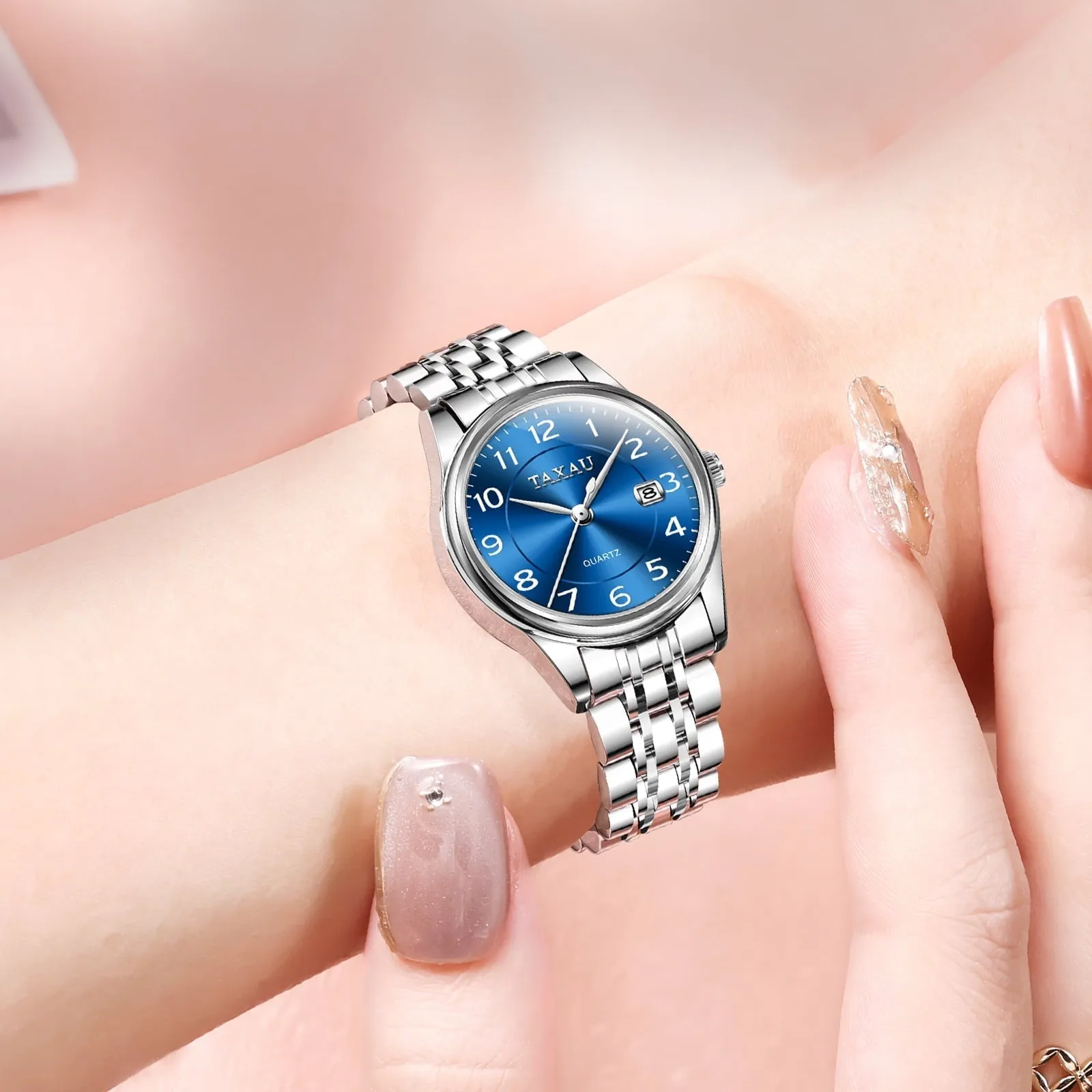 TAXAU Womens Elegant Sliver Watches Classic Date Watches For Women Sliver Stainless Steel Band Watches For Ladies Blue Dial Women Wrist Watches Waterproof Ladies Watches Analog Watches Watches Women