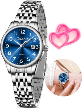 TAXAU Womens Elegant Sliver Watches Classic Date Watches For Women Sliver Stainless Steel Band Watches For Ladies Blue Dial Women Wrist Watches Waterproof Ladies Watches Analog Watches Watches Women