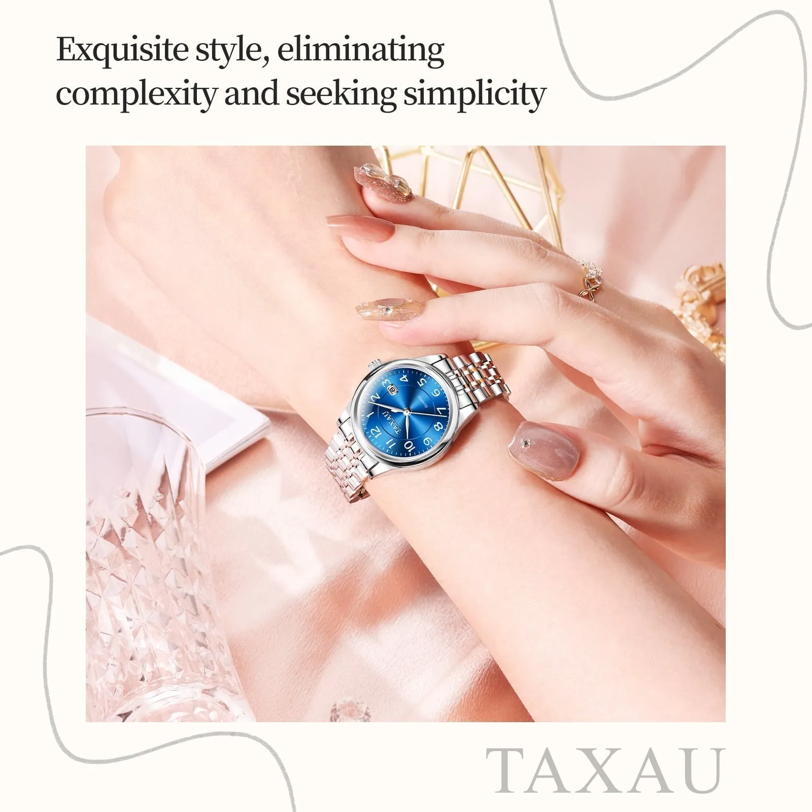 TAXAU Womens Elegant Sliver Watches Classic Date Watches For Women Sliver Stainless Steel Band Watches For Ladies Blue Dial Women Wrist Watches Waterproof Ladies Watches Analog Watches Watches Women