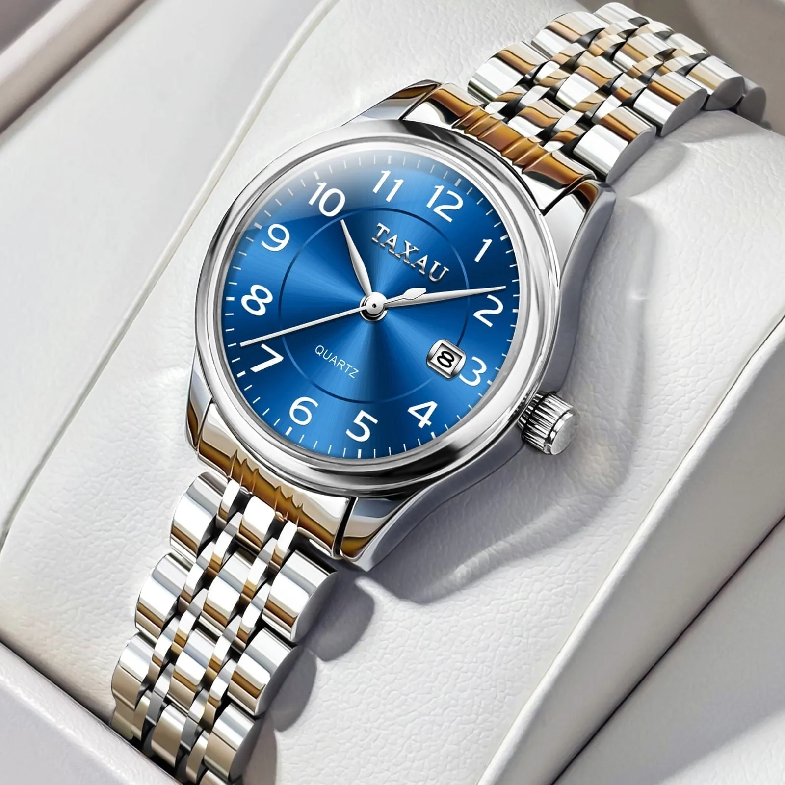TAXAU Womens Elegant Sliver Watches Classic Date Watches For Women Sliver Stainless Steel Band Watches For Ladies Blue Dial Women Wrist Watches Waterproof Ladies Watches Analog Watches Watches Women