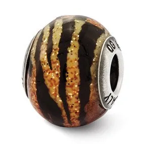Variegated Italian Orange,Yellow, & Black Glass Charm Bead in Sterling Silver