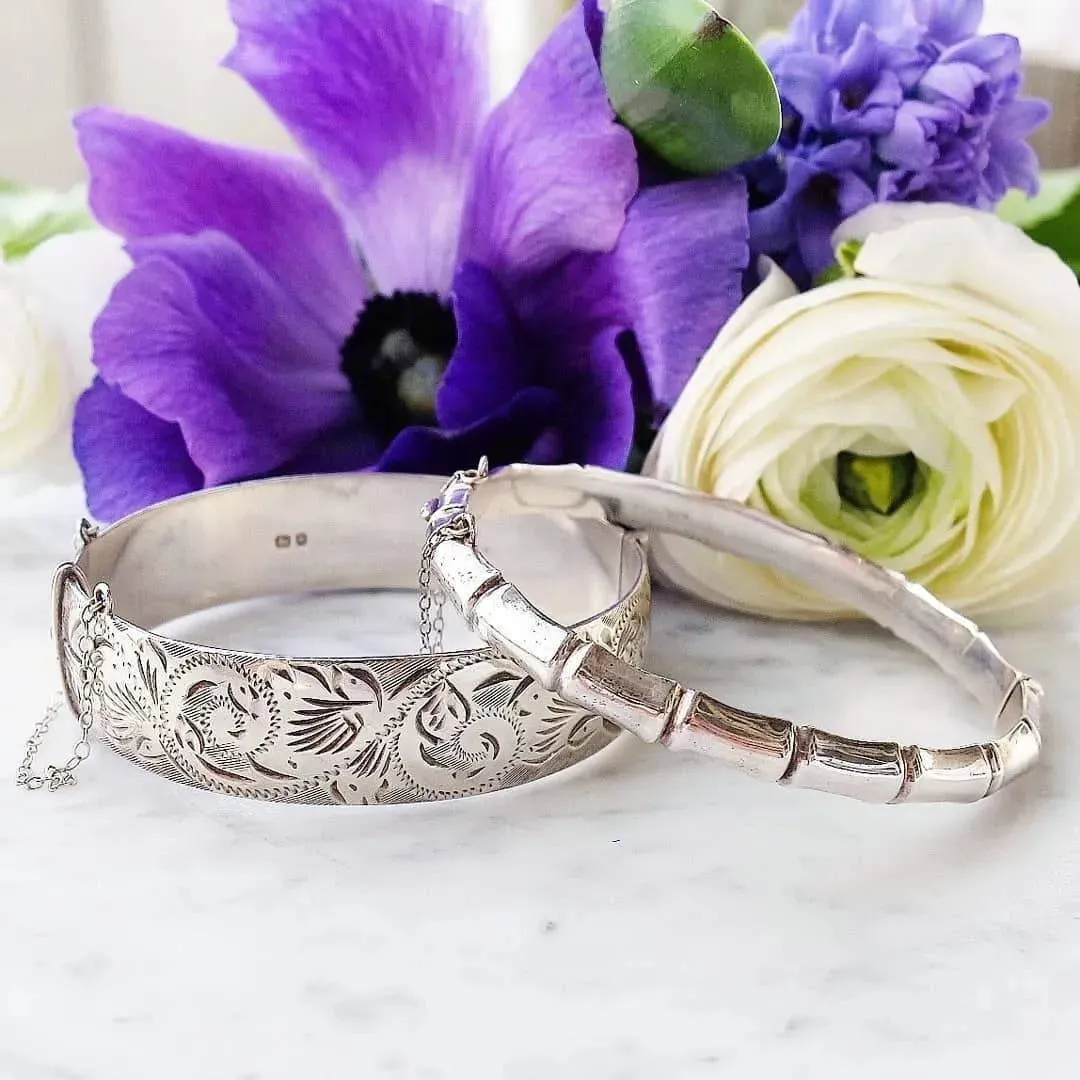 Vintage 1960's Etched Sterling Silver Bangle Bracelet