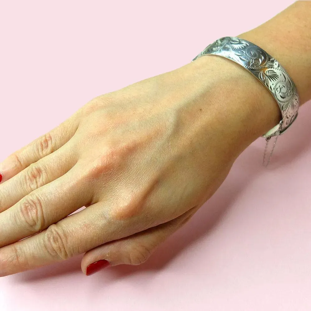 Vintage 1960's Etched Sterling Silver Bangle Bracelet