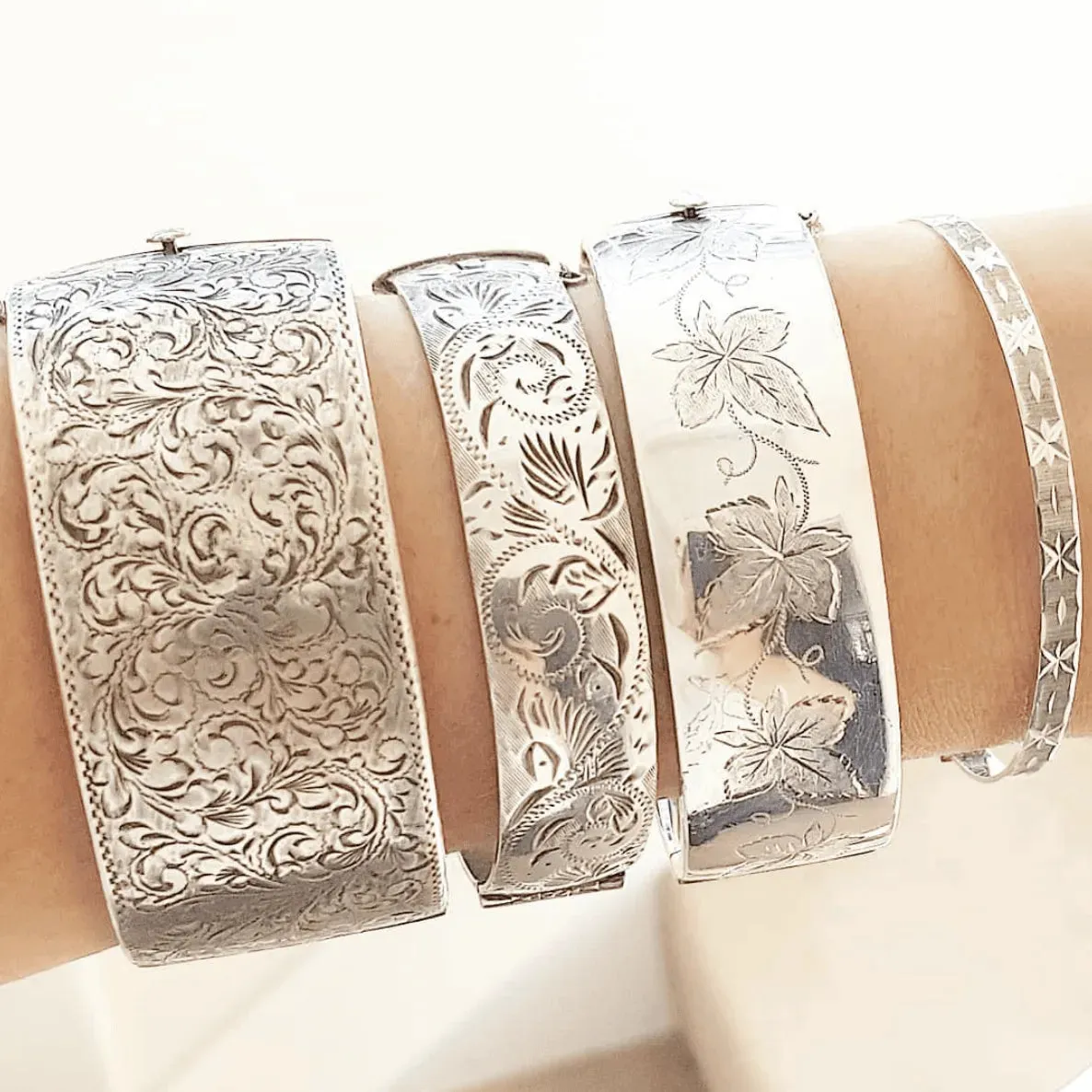 Vintage 1960's Etched Sterling Silver Bangle Bracelet