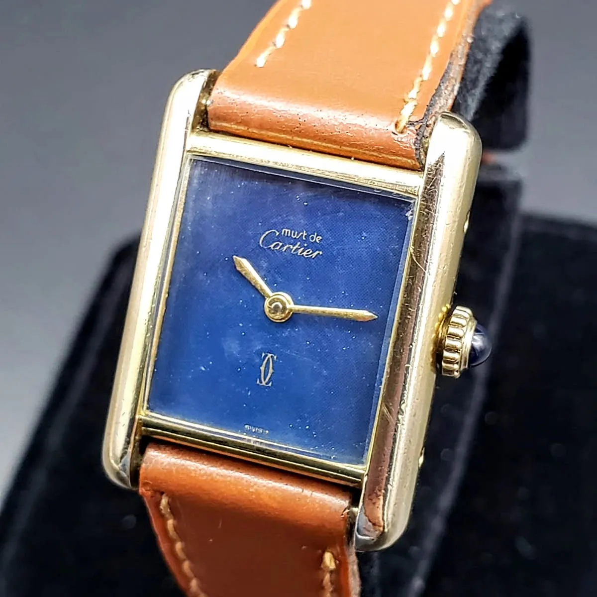 Vintage CARTIER Tank Wristwatch Swiss Caliber ETA 2512-1 17 Jewels Blue Dial Watch