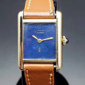Vintage CARTIER Tank Wristwatch Swiss Caliber ETA 2512-1 17 Jewels Blue Dial Watch