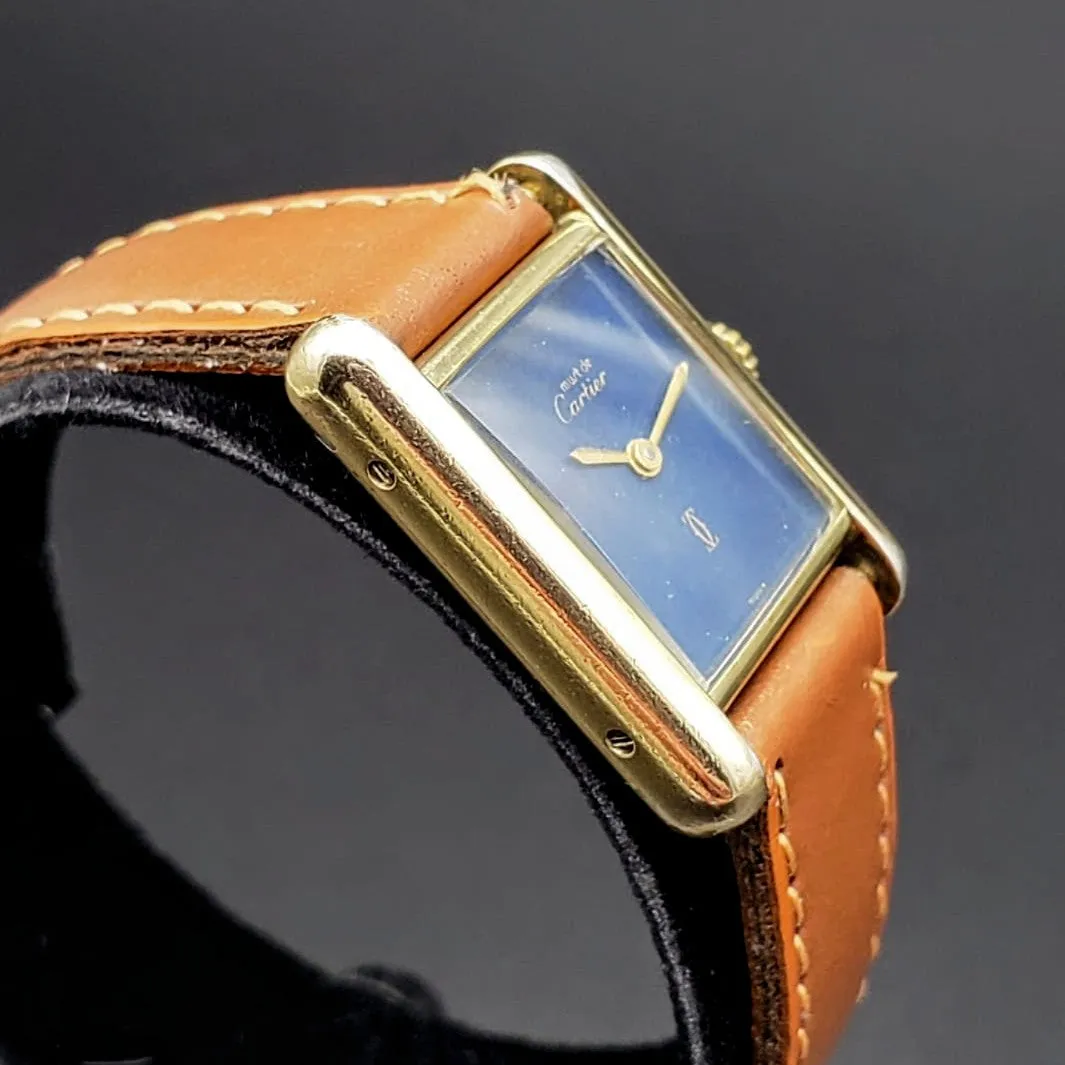 Vintage CARTIER Tank Wristwatch Swiss Caliber ETA 2512-1 17 Jewels Blue Dial Watch