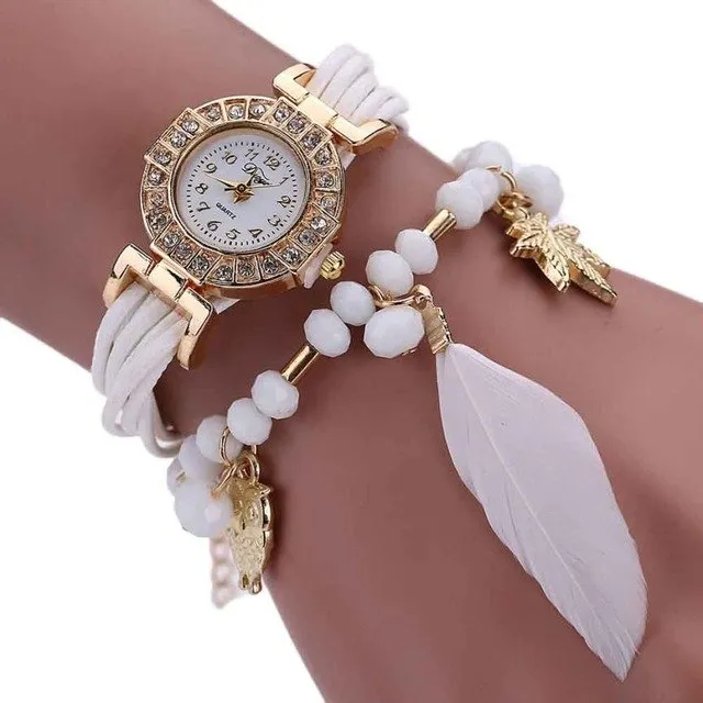 Women Fashion Watches Feather Weave Wrap Around Bracelet Women's Crystal Dial Analog Quartz Wrist Watch Girls Relogio Reloj #LH