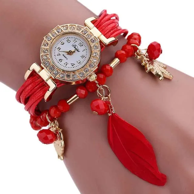 Women Fashion Watches Feather Weave Wrap Around Bracelet Women's Crystal Dial Analog Quartz Wrist Watch Girls Relogio Reloj #LH