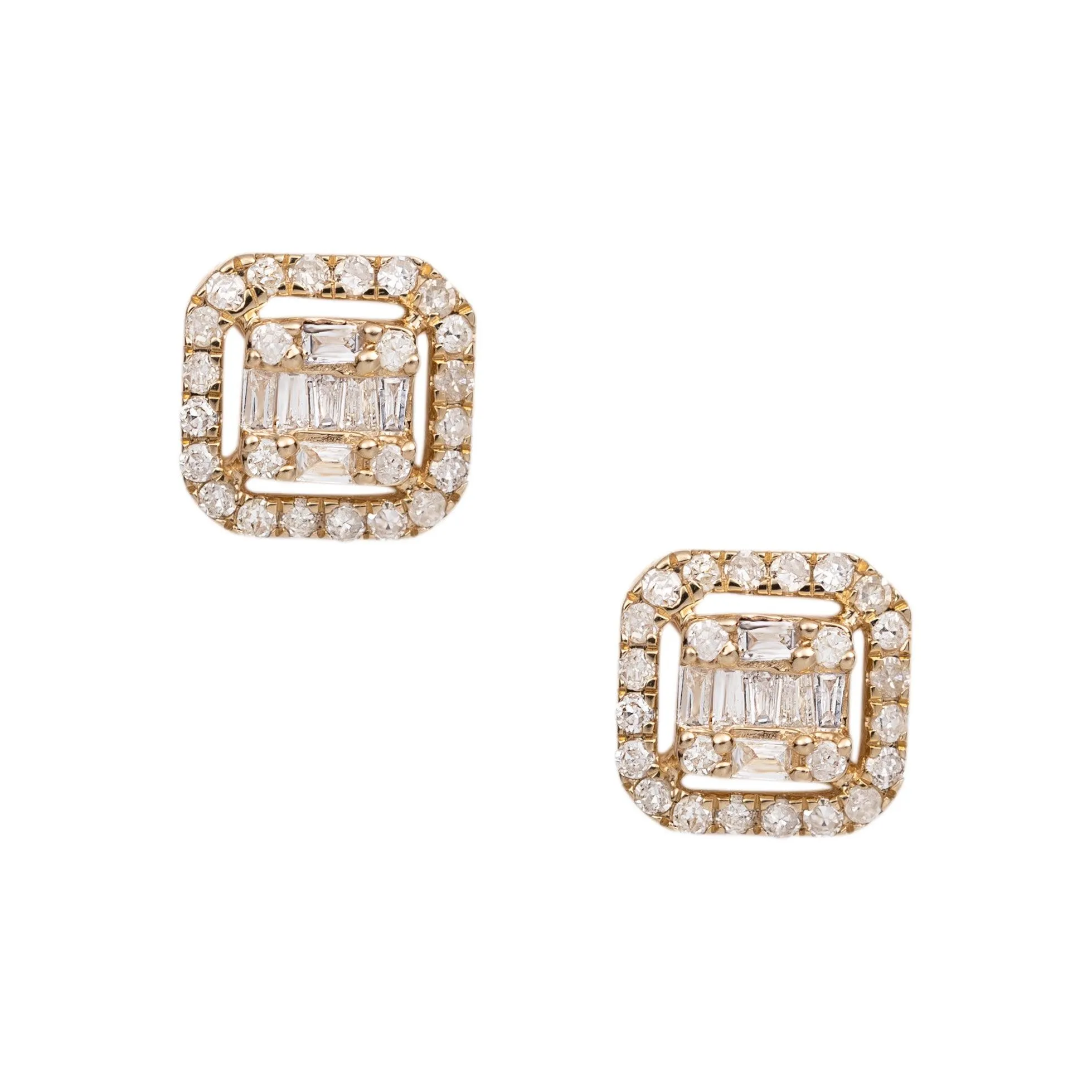 Women's Cushion Baguette & Round Diamond Stud Earrings 0.37ct 14K Yellow Gold