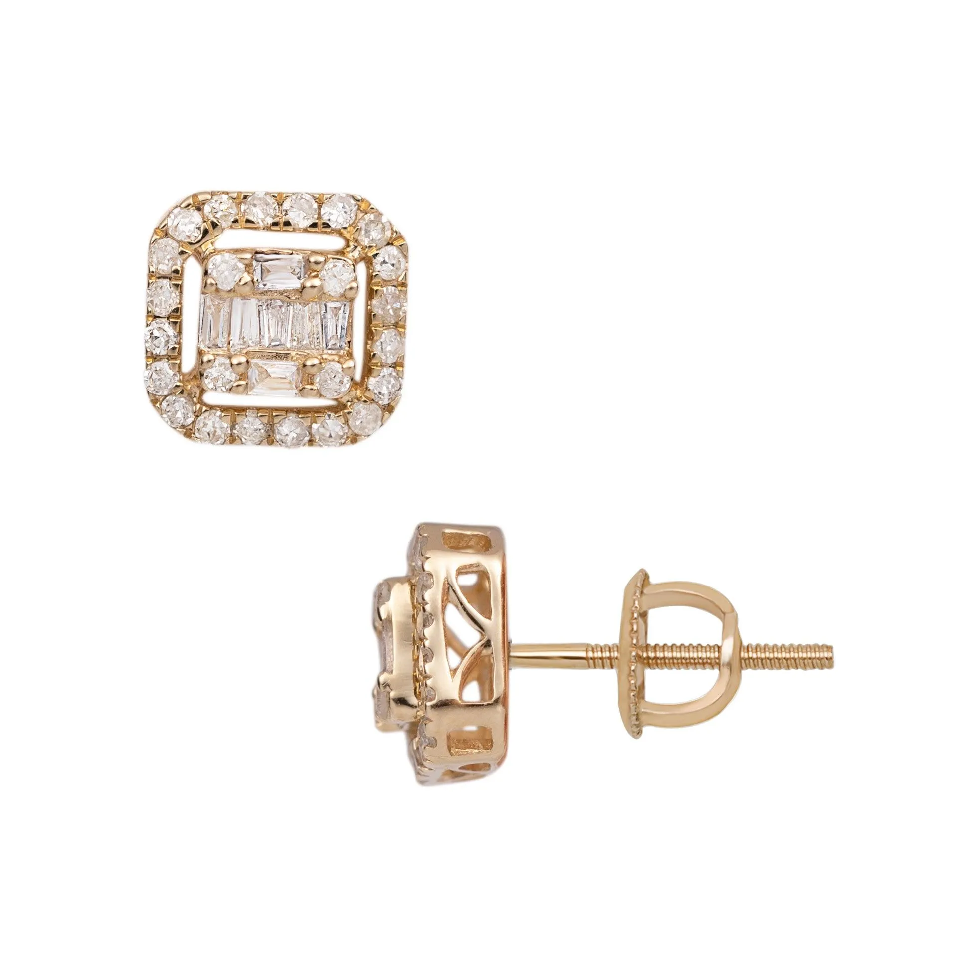 Women's Cushion Baguette & Round Diamond Stud Earrings 0.37ct 14K Yellow Gold