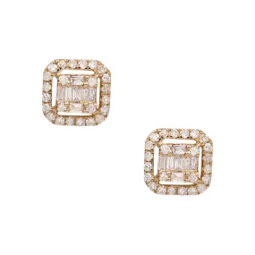 Women's Cushion Baguette & Round Diamond Stud Earrings 0.37ct 14K Yellow Gold